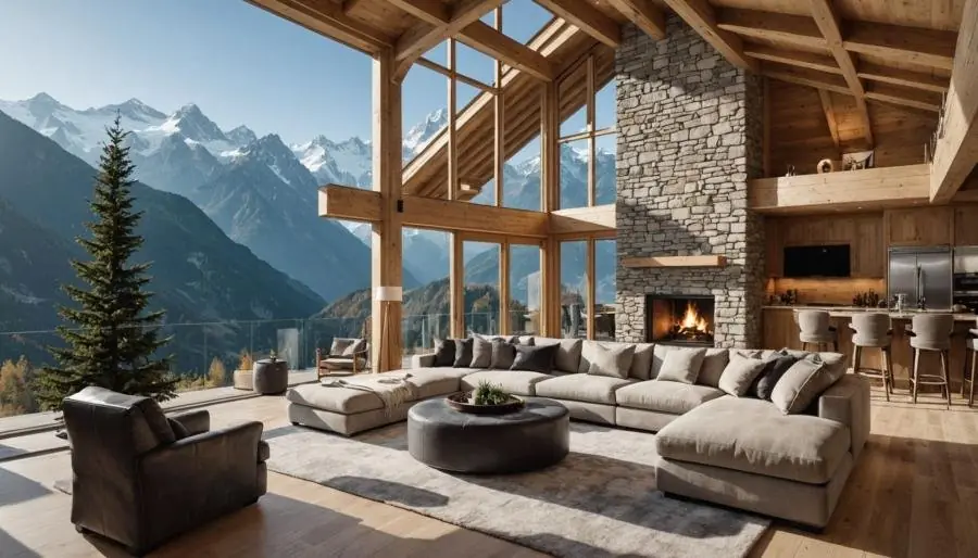 Bright timber-and-stone living room with mountain views