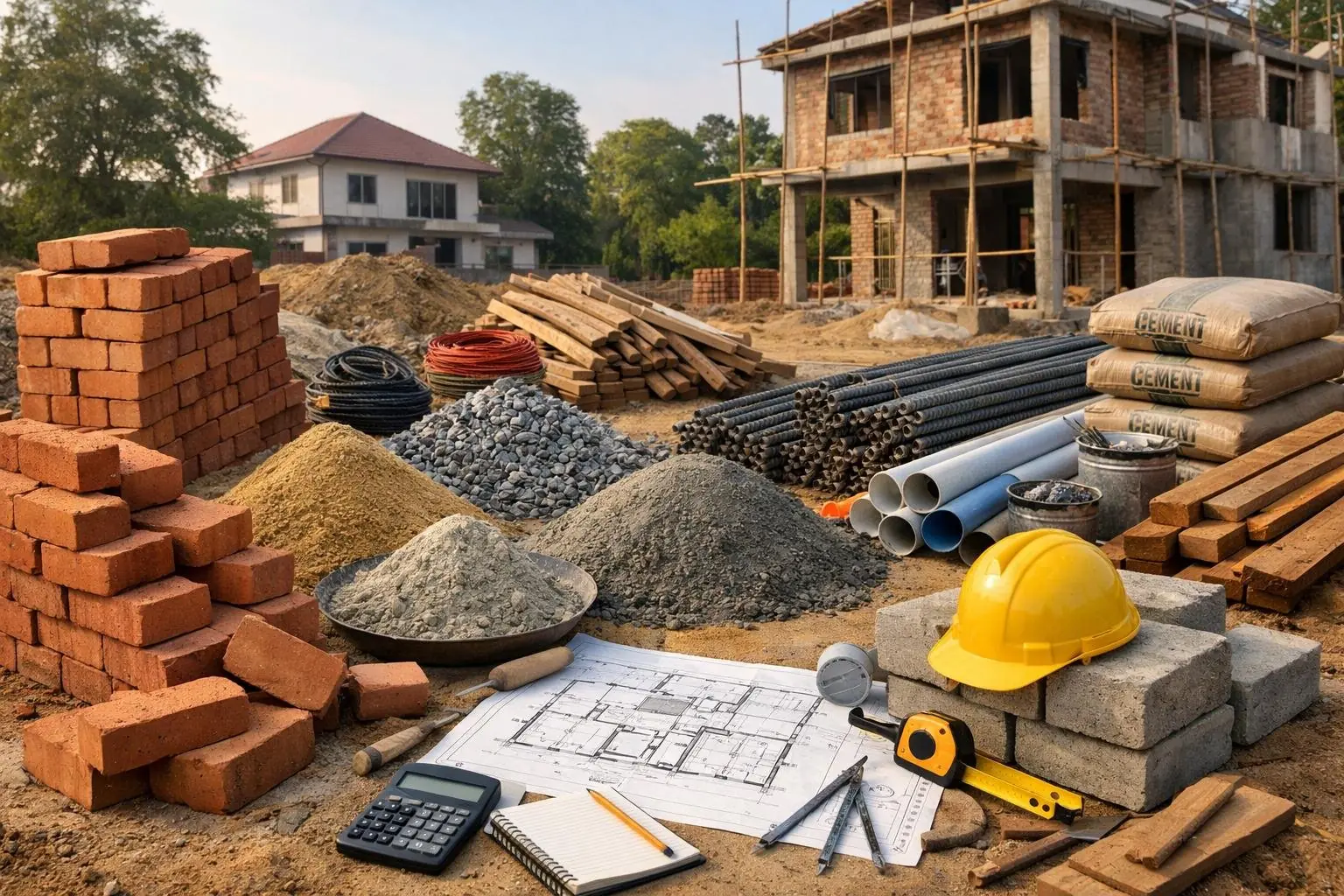 Construction materials, plans and tools at a building site